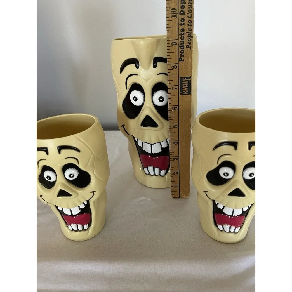 Vintage Halloween Pitcher And Cups Blow Mold Skeleton Skull Zombie